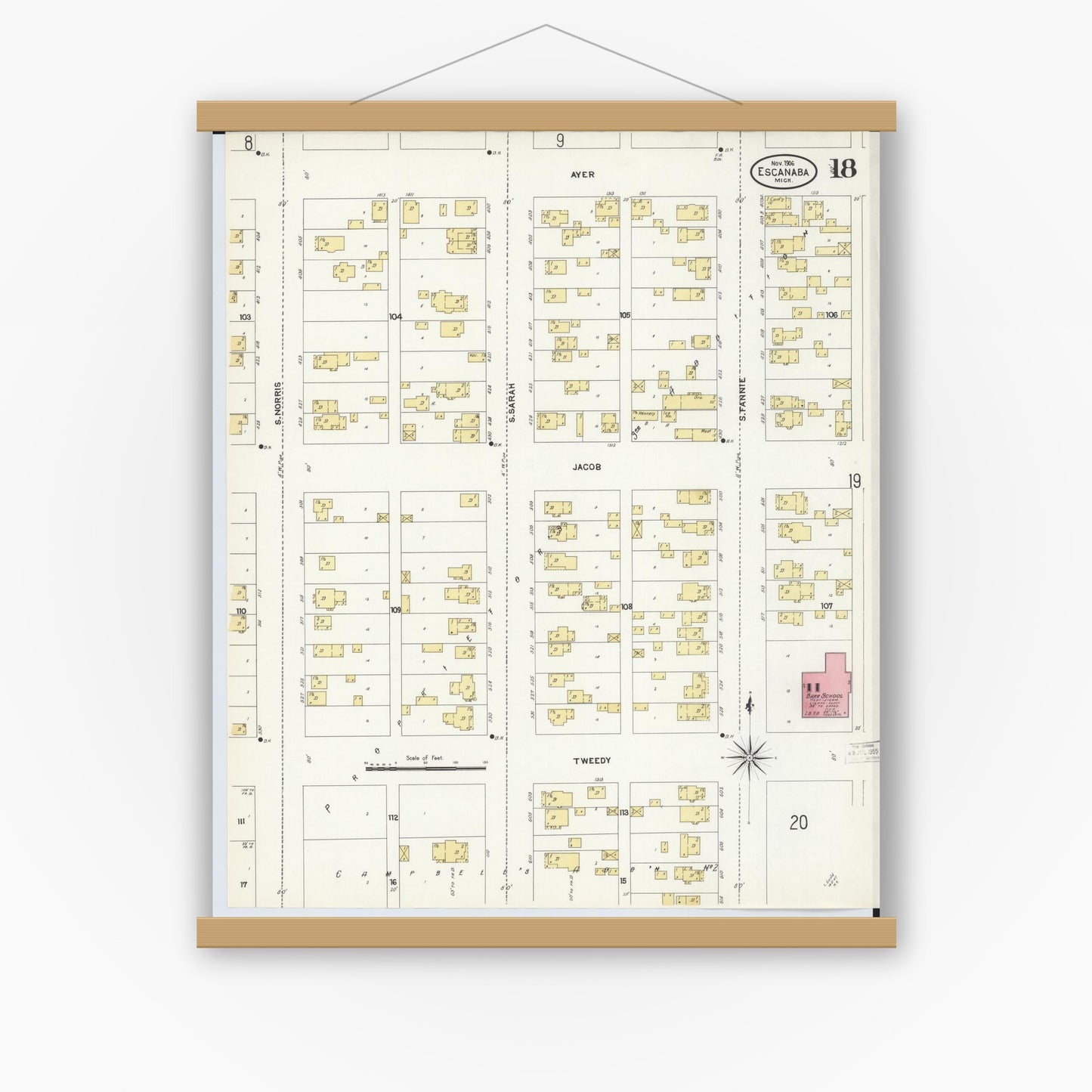 Old map wall art mockup — magnetic wood frame on white wall — Sanborn Fire Insurance Map from Escanaba, Delta County, Michigan (1906), Sheet #0018