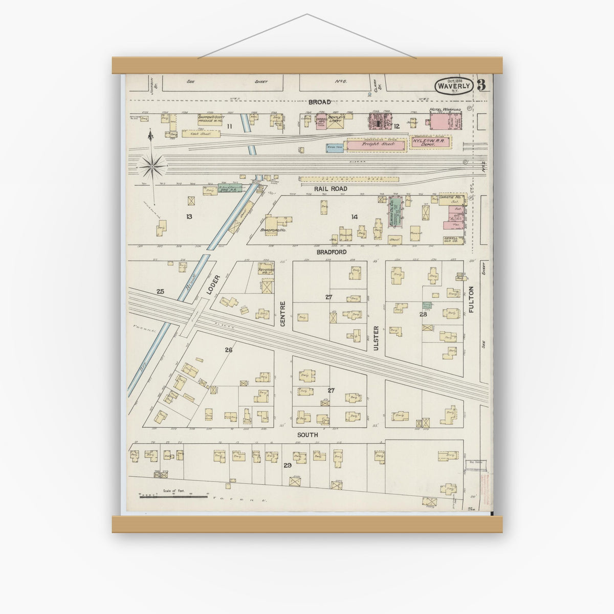 Old map wall art mockup — magnetic wood frame on white wall — Sanborn Fire Insurance Map from Waverly, Tioga County, New York (1888), Sheet #0003