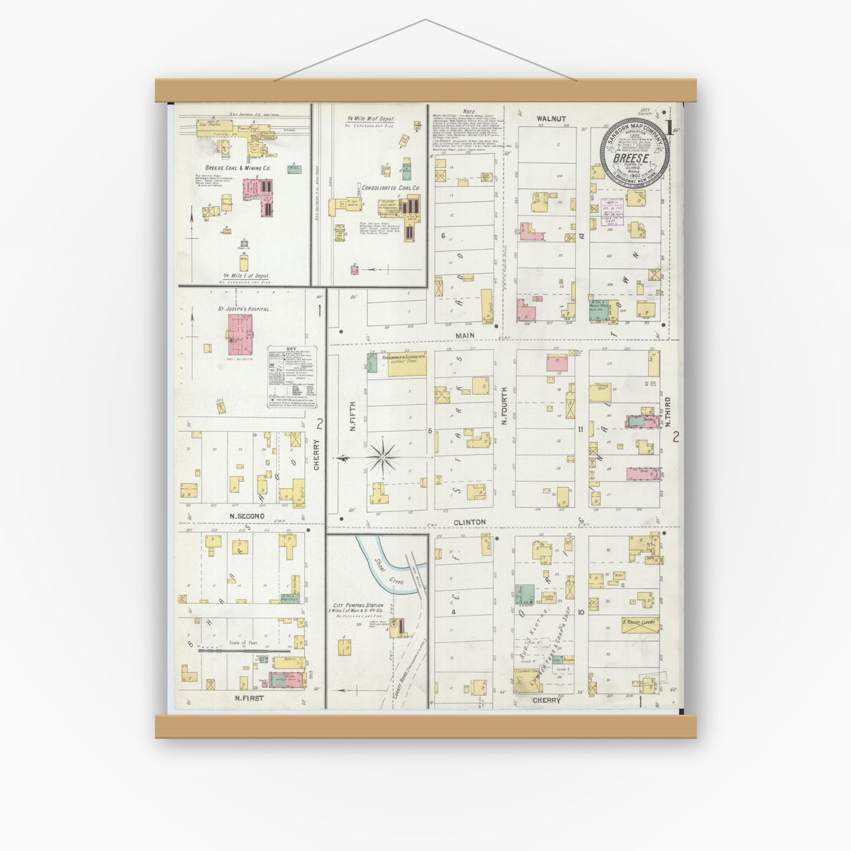 Old map wall art mockup — magnetic wood frame on white wall — Sanborn Fire Insurance Map from Breese, Clinton County, Illinois (1902) - Complete Map Set