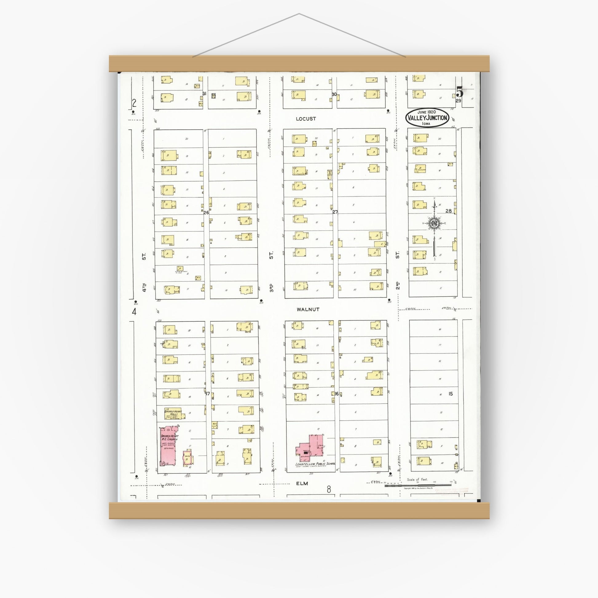 Old map wall art mockup — magnetic wood frame on white wall — Sanborn Fire Insurance Map from Valley Junction, Polk County, Iowa (1920), Sheet #0005