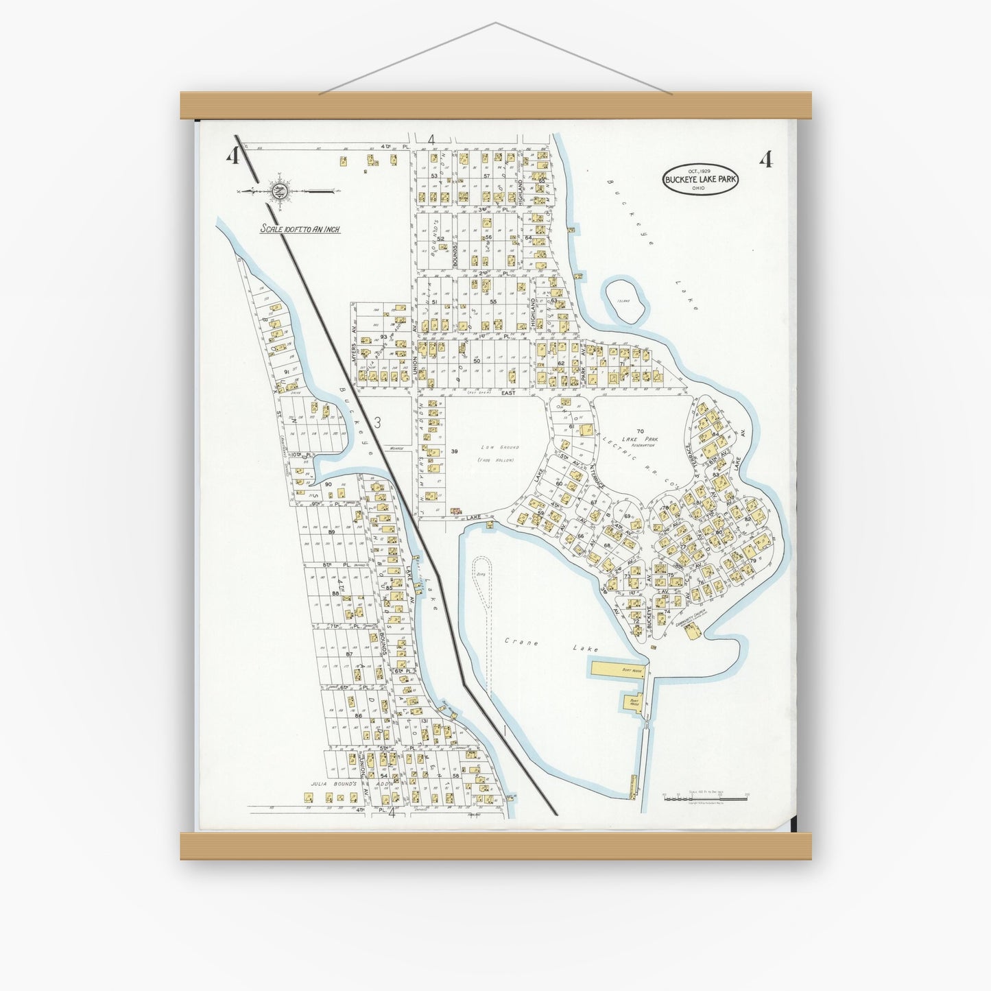 Old map wall art mockup — magnetic wood frame on white wall — Sanborn Fire Insurance Map from Buckeye Lake, Licking County, Ohio (1929), Sheet #0004