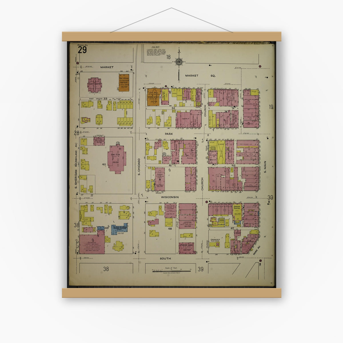 Old map wall art mockup — magnetic wood frame on white wall — Sanborn Fire Insurance Map from Kenosha, Kenosha County, Wisconsin. (1918), Sheet 33