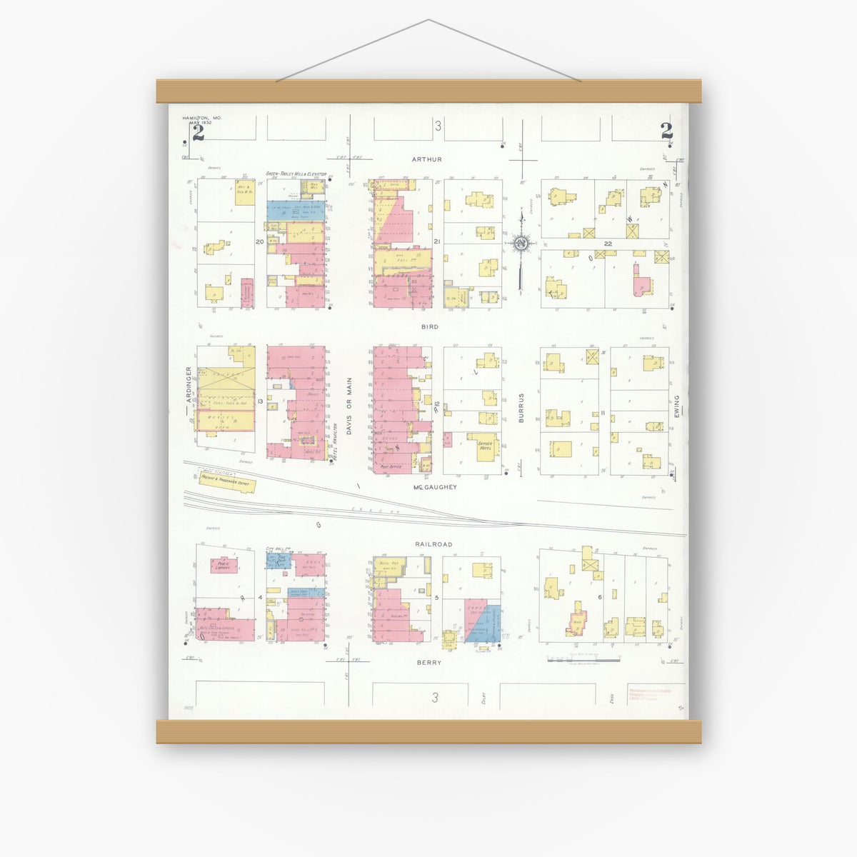 Old map wall art mockup — magnetic wood frame on white wall — Sanborn Fire Insurance Map from Hamilton, Caldwell County, Missouri (1932), Sheet #0002