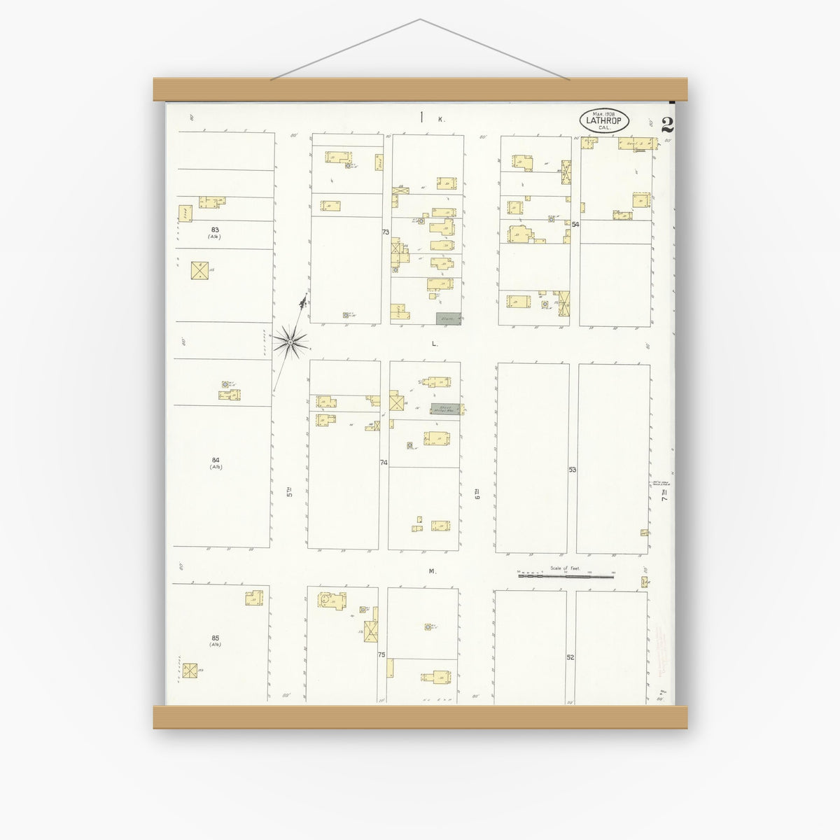 Old map wall art mockup — magnetic wood frame on white wall — Sanborn Fire Insurance Map from Lathrop, San Joaquin County, California (1908), Sheet #0002