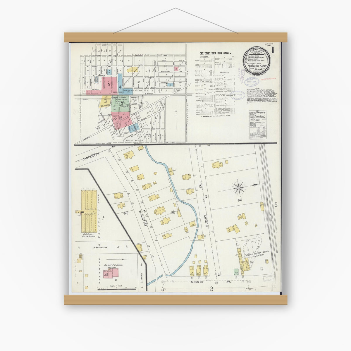Old map wall art mockup — magnetic wood frame on white wall — Sanborn Fire Insurance Map from Downers Grove, Dupage County, Illinois (1898) - Complete Map Set