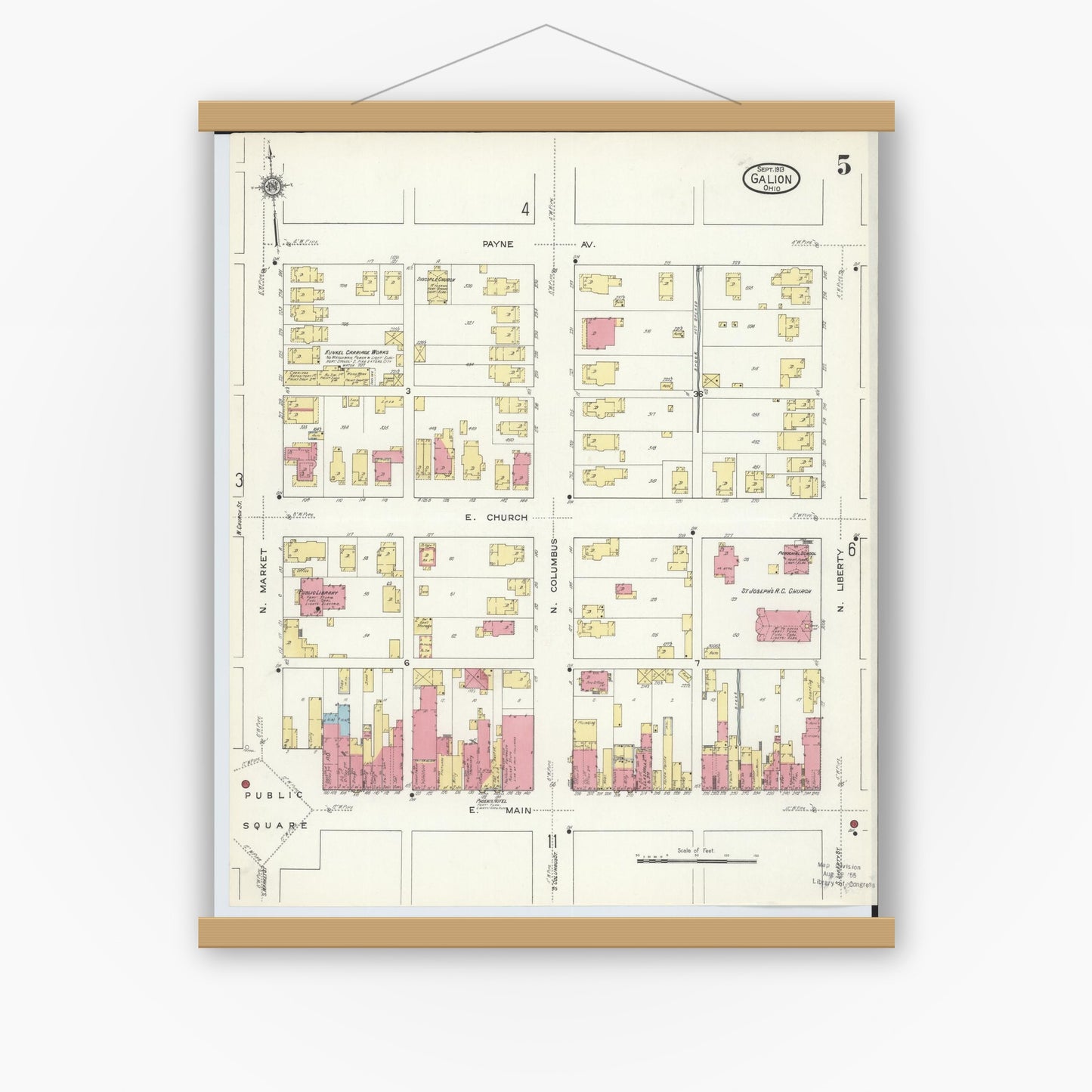 Old map wall art mockup — magnetic wood frame on white wall — Sanborn Fire Insurance Map from Galion, Crawford County, Ohio (1913), Sheet #0005