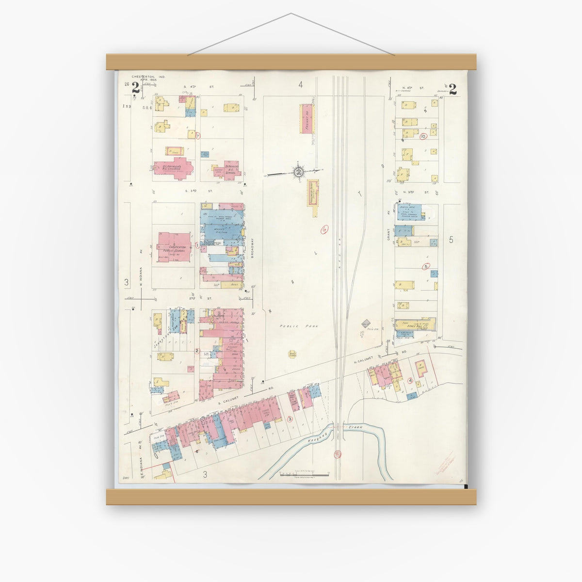 Old map wall art mockup — magnetic wood frame on white wall — Sanborn Fire Insurance Map from Chesterton, Porter County, Indiana (1951), Sheet #0002