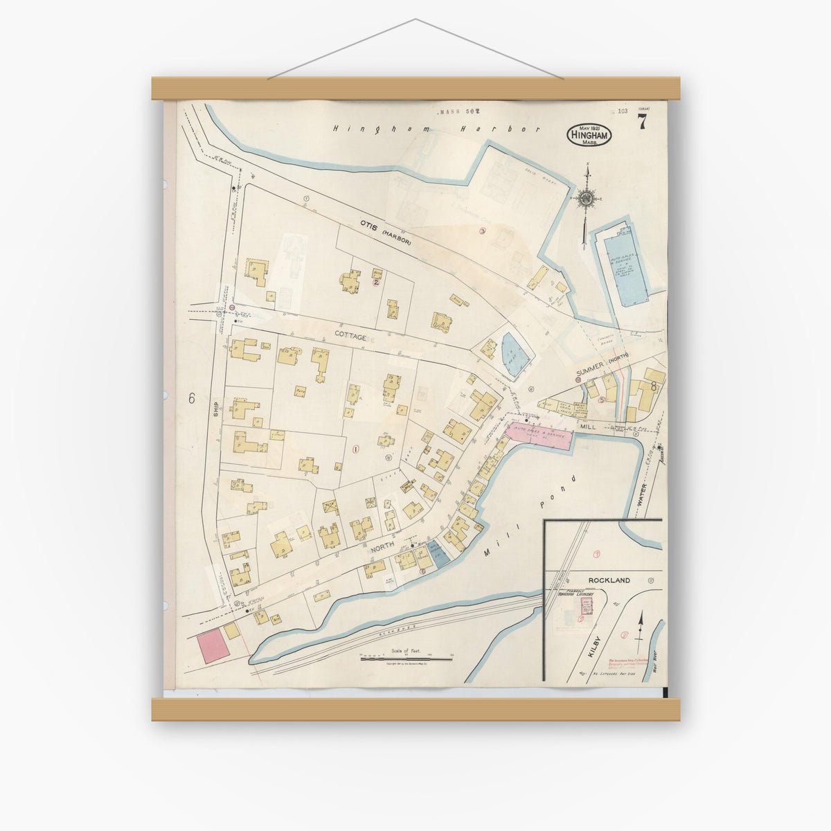 Old map wall art mockup — magnetic wood frame on white wall — Sanborn Fire Insurance Map from Hingham, Plymouth County, Massachusetts (1948), Sheet #0007