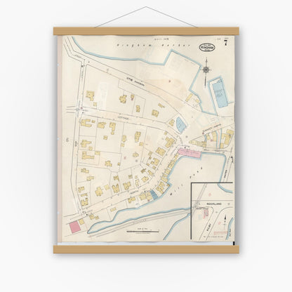 Old map wall art mockup — magnetic wood frame on white wall — Sanborn Fire Insurance Map from Hingham, Plymouth County, Massachusetts (1948), Sheet #0007
