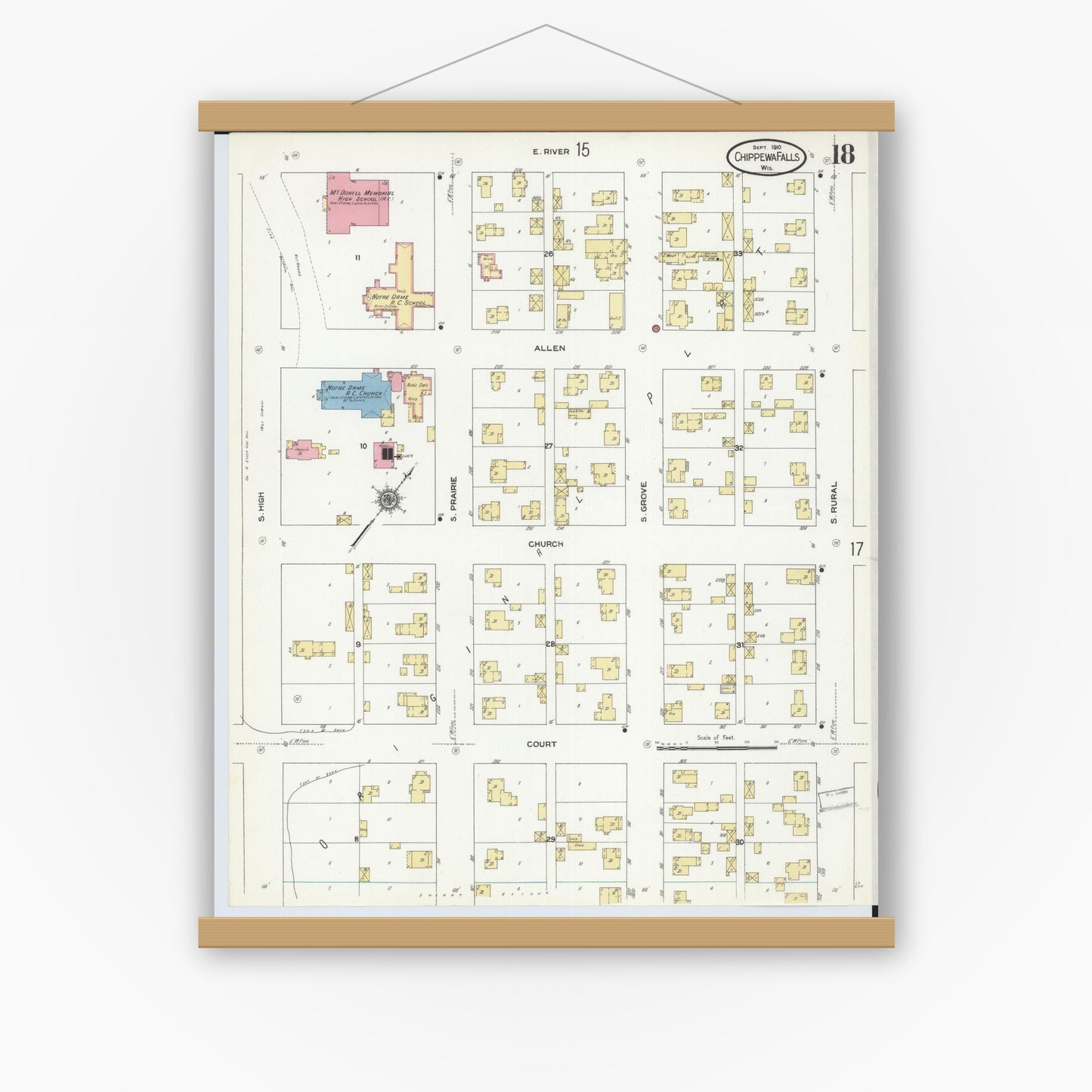 Old map wall art mockup — magnetic wood frame on white wall — Sanborn Fire Insurance Map from Chippewa Falls, Chippewa County, Wisconsin (1910), Sheet #0018