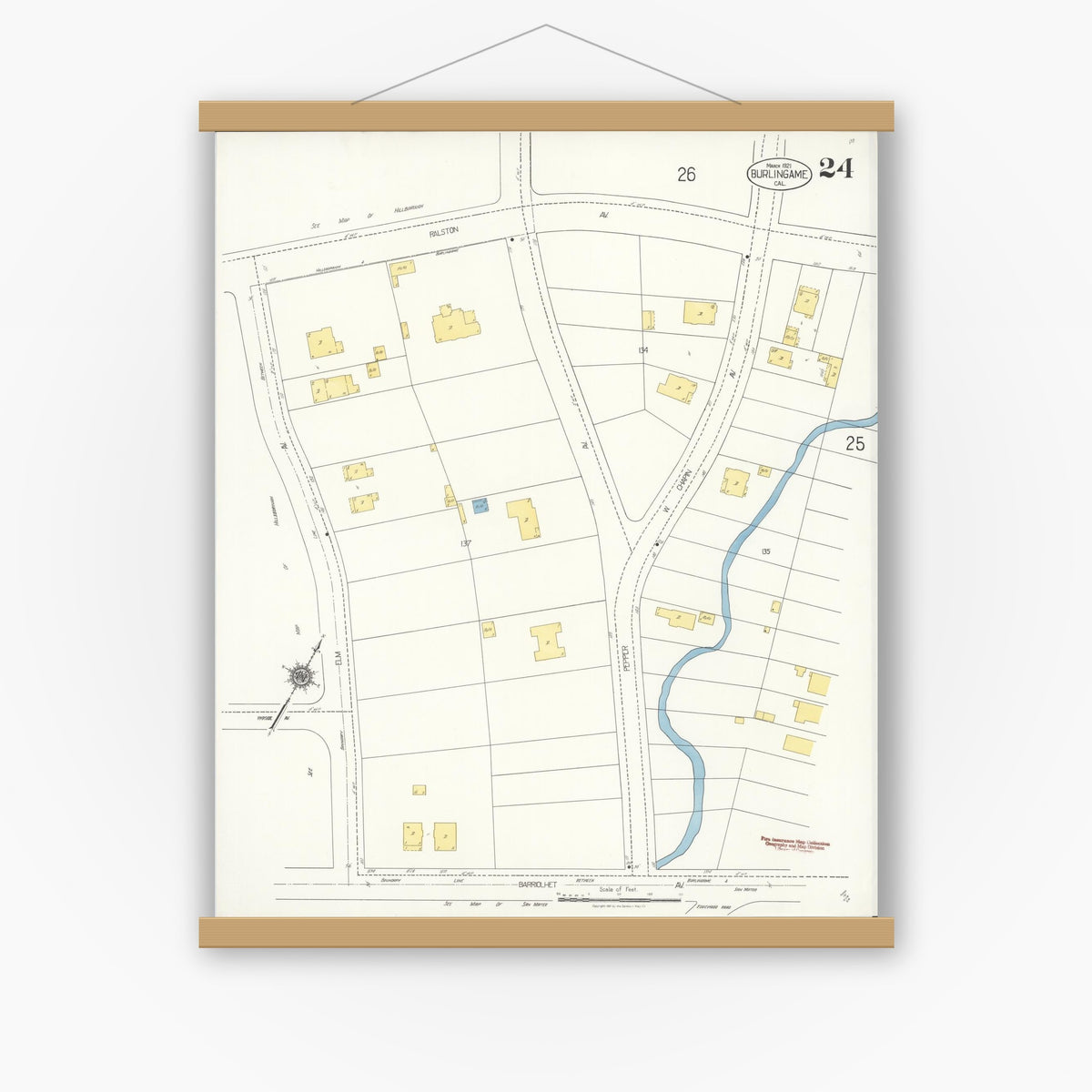 Old map wall art mockup — magnetic wood frame on white wall — Sanborn Fire Insurance Map from Burlingame, San Mateo County, California (1921), Sheet #0024