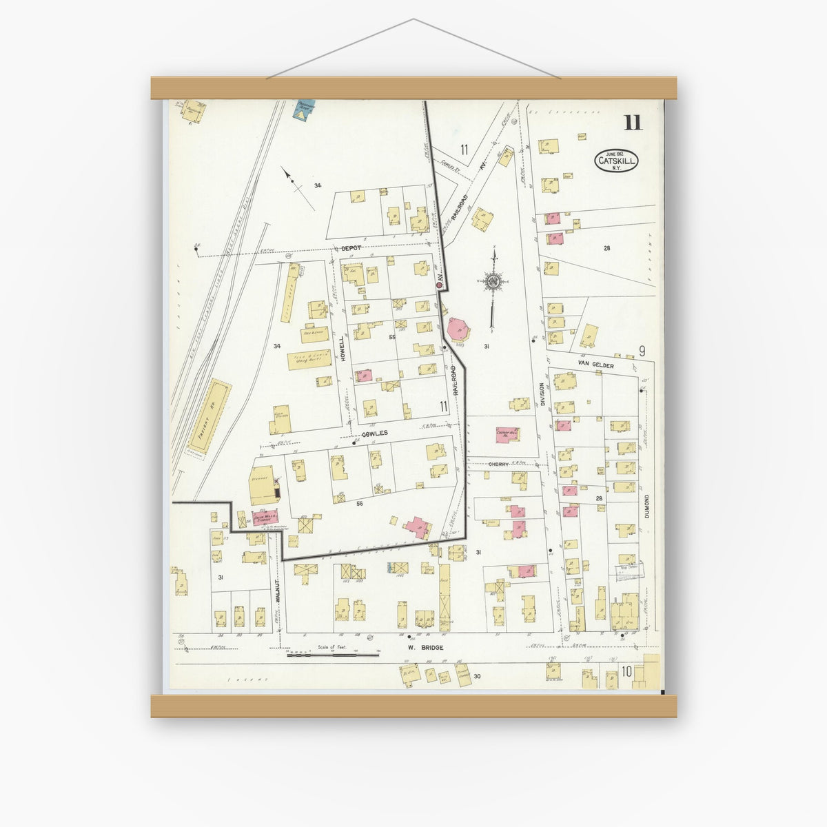 Old map wall art mockup — magnetic wood frame on white wall — Sanborn Fire Insurance Map from Catskill, Greene County, New York (1912), Sheet #0011