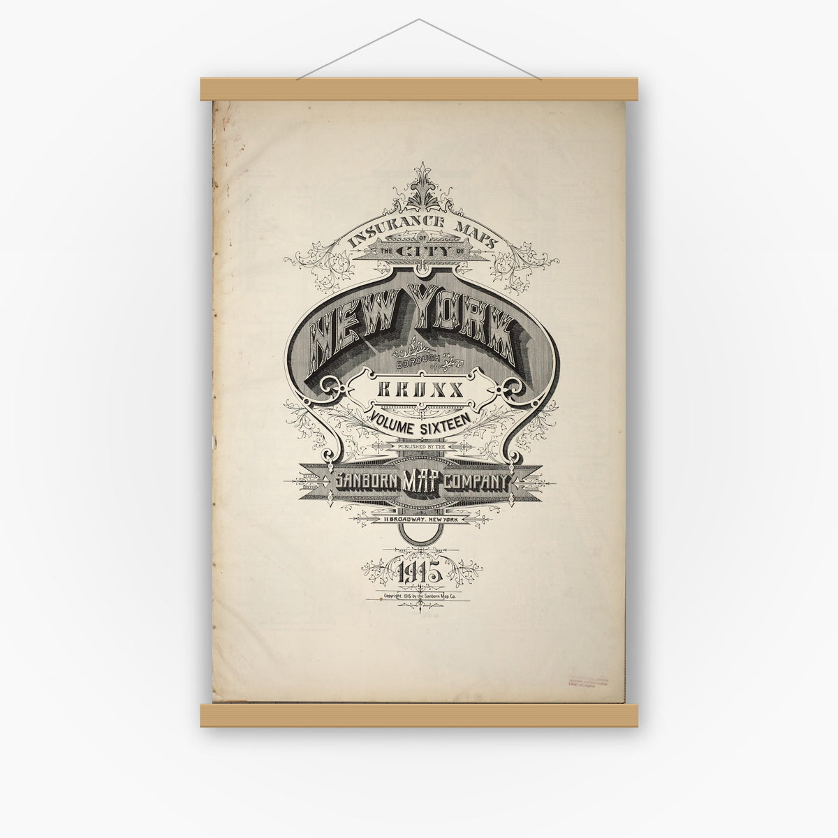 Old map wall art mockup — magnetic wood frame on white wall — Sanborn Fire Insurance Map from New York, Bronx, Manhattan, New York (1915), Sheet #0001