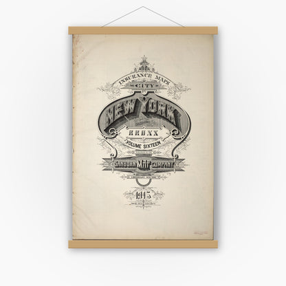 Old map wall art mockup — magnetic wood frame on white wall — Sanborn Fire Insurance Map from New York, Bronx, Manhattan, New York (1915), Sheet #0001