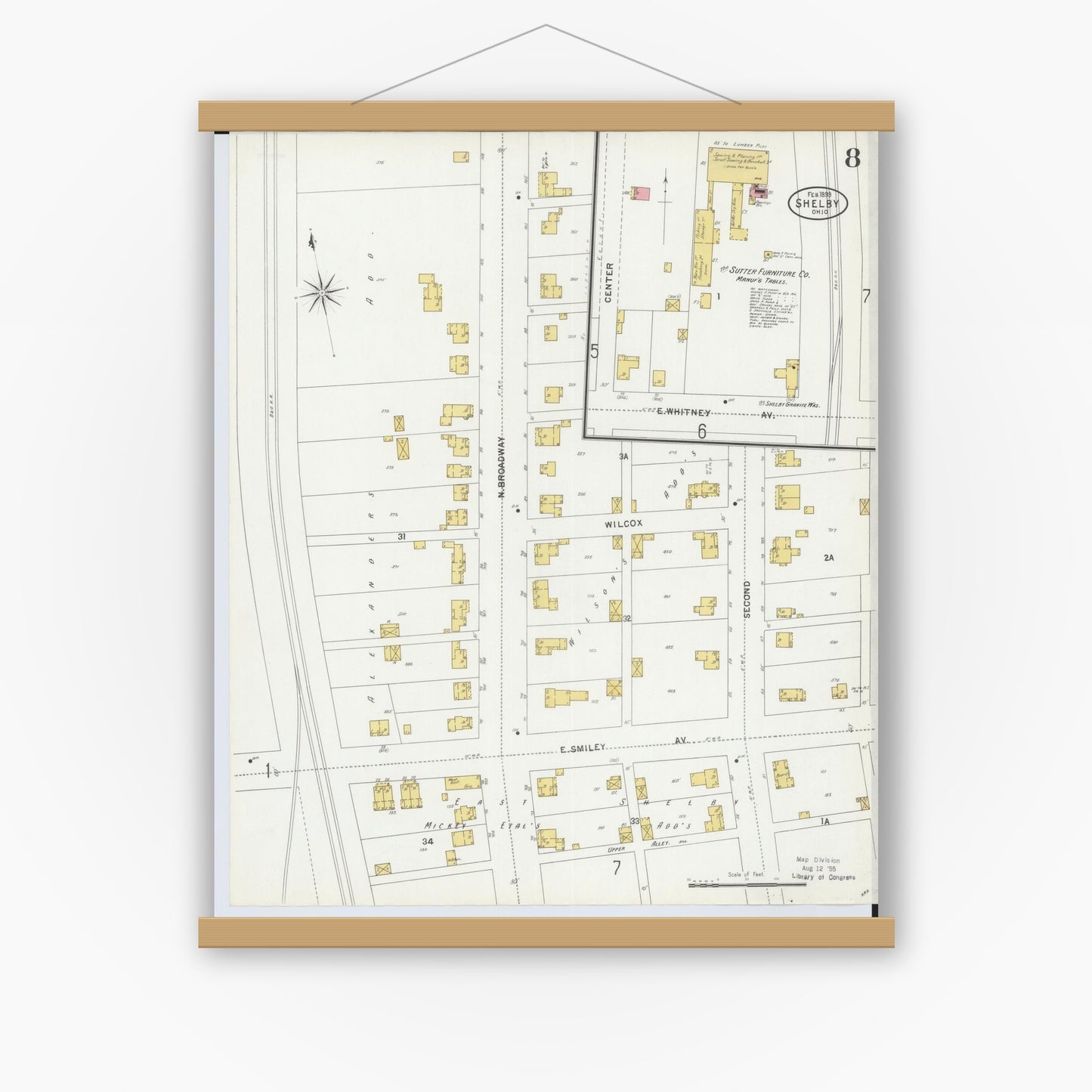 Old map wall art mockup — magnetic wood frame on white wall — Sanborn Fire Insurance Map from Shelby, Richland County, Ohio (1899), Sheet #0008