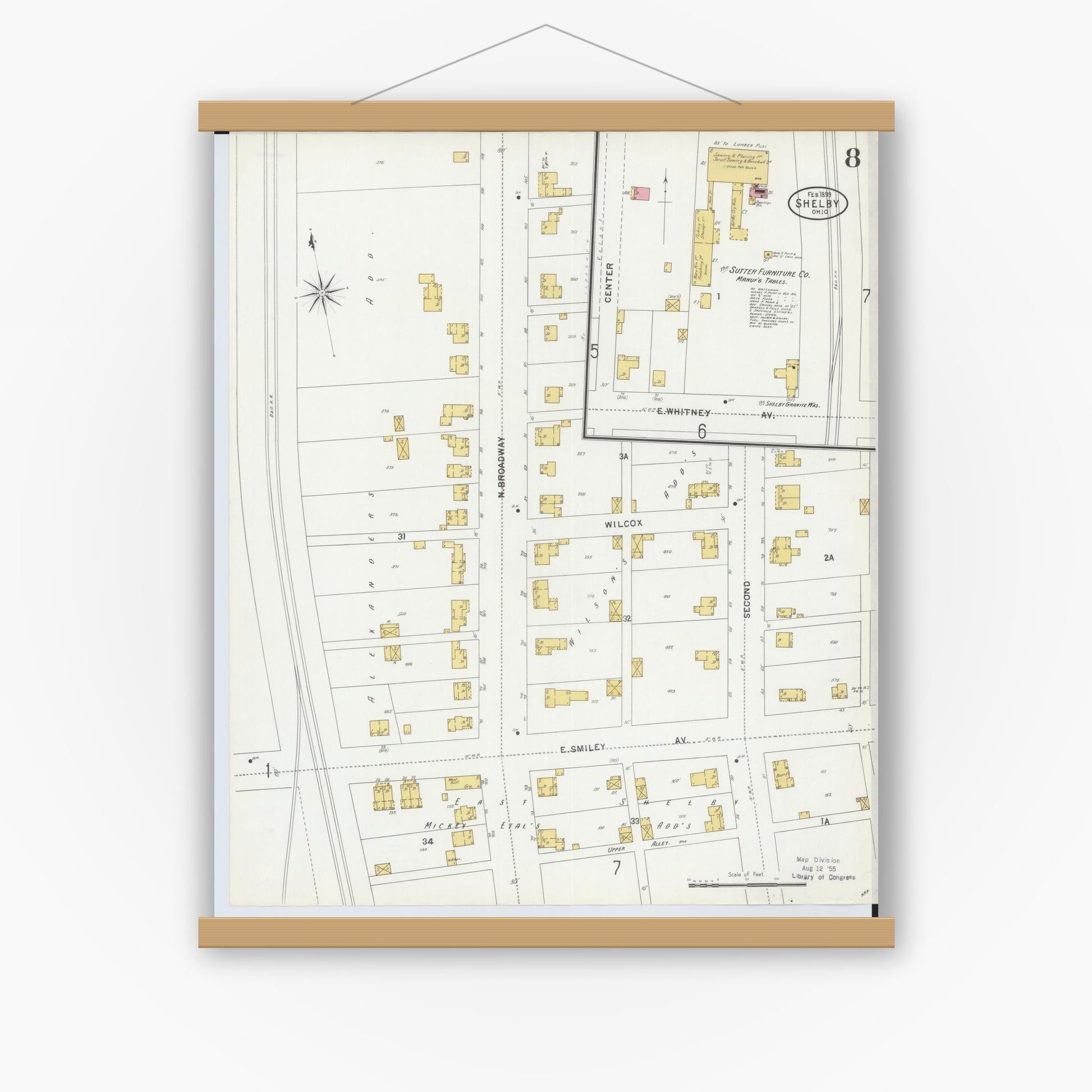 Old map wall art mockup — magnetic wood frame on white wall — Sanborn Fire Insurance Map from Shelby, Richland County, Ohio (1899), Sheet #0008