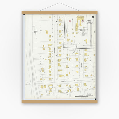 Old map wall art mockup — magnetic wood frame on white wall — Sanborn Fire Insurance Map from Shelby, Richland County, Ohio (1899), Sheet #0008