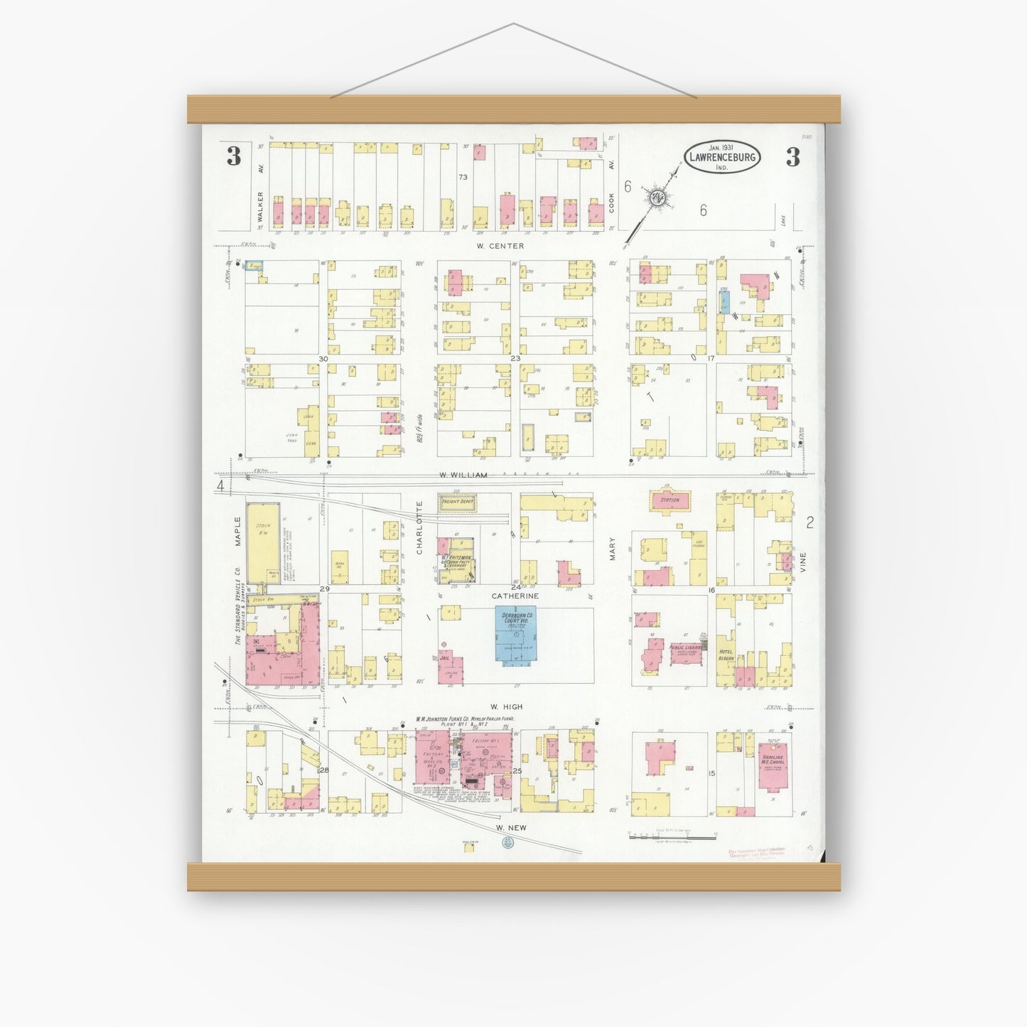 Old map wall art mockup — magnetic wood frame on white wall — Sanborn Fire Insurance Map from Lawrenceburg, Dearborn County, Indiana (1931), Sheet #0003