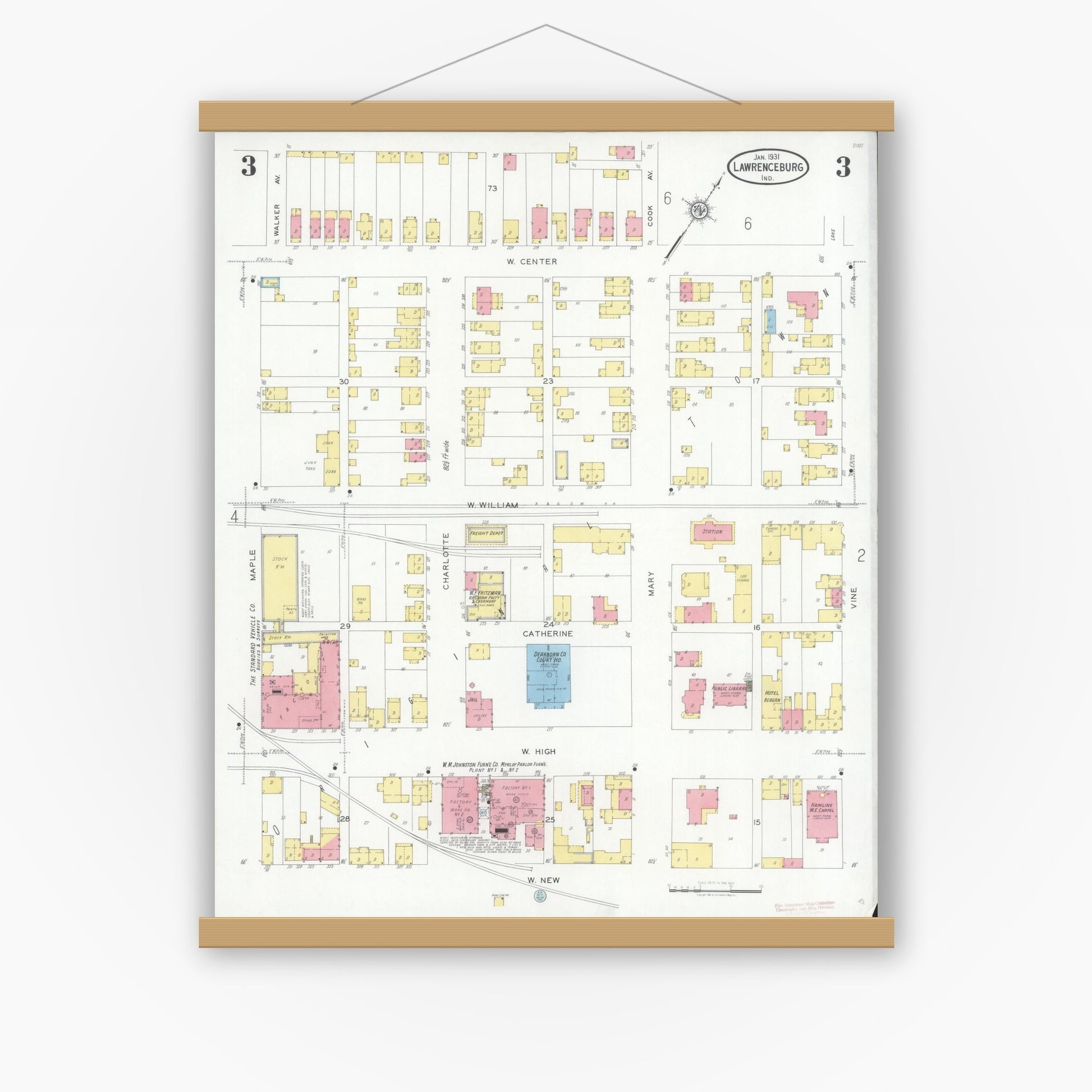 Old map wall art mockup — magnetic wood frame on white wall — Sanborn Fire Insurance Map from Lawrenceburg, Dearborn County, Indiana (1931), Sheet #0003