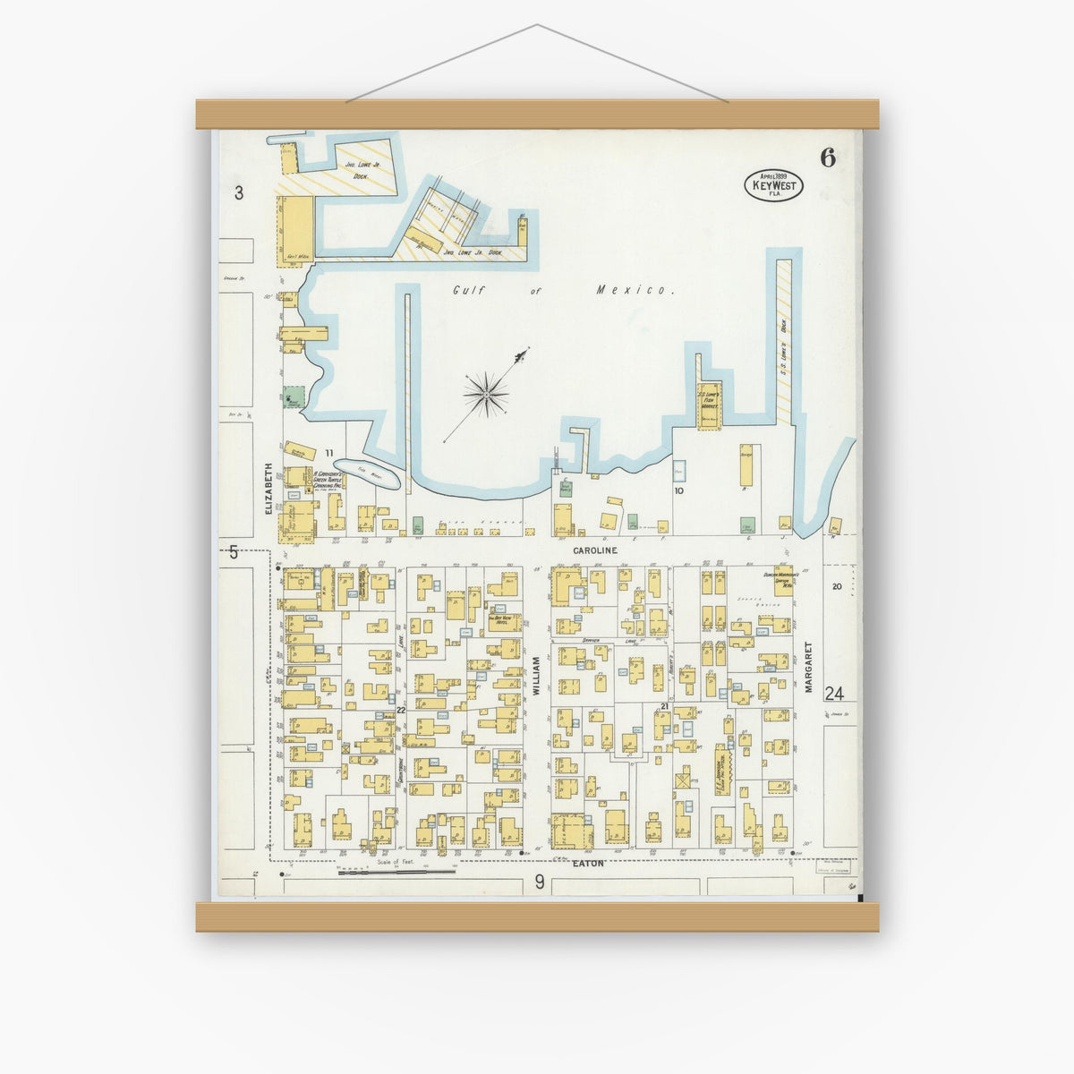 Old map wall art mockup — magnetic wood frame on white wall — Sanborn Fire Insurance Map from Key West, Monroe County, Florida (1899), Sheet #0006