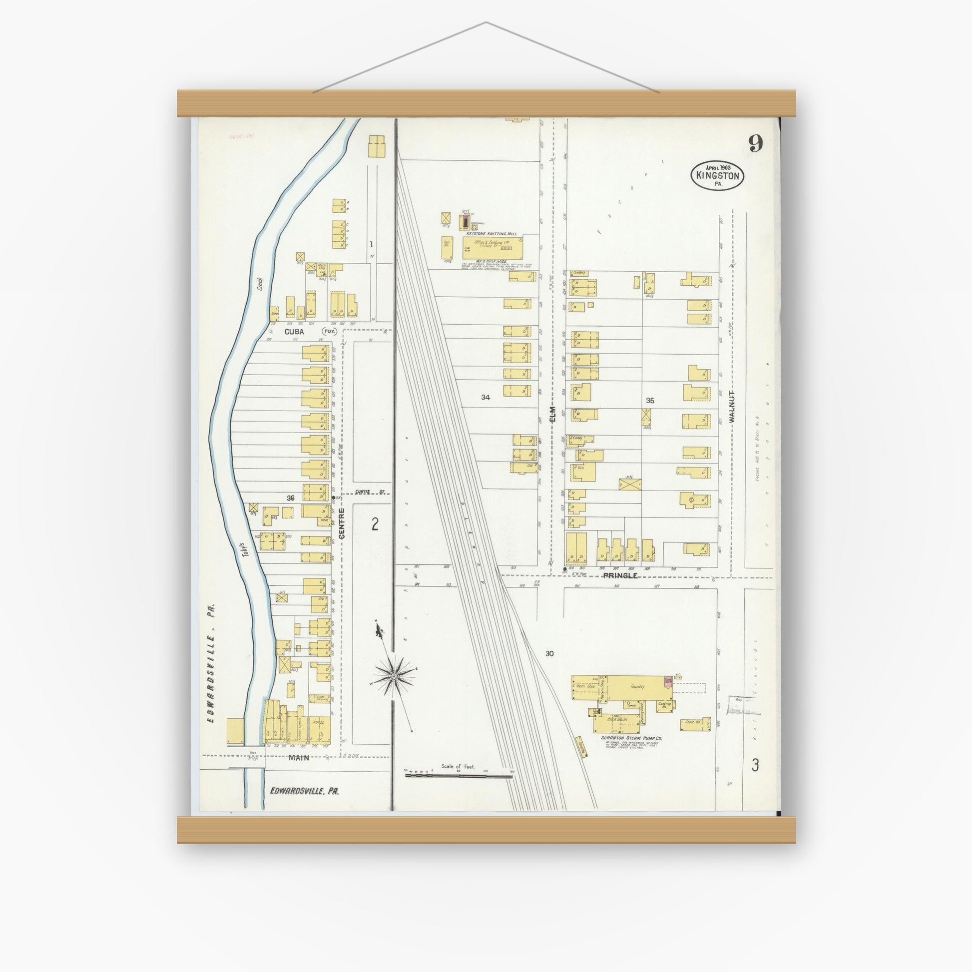 Old map wall art mockup — magnetic wood frame on white wall — Sanborn Fire Insurance Map from Kingston, Luzerne County, Pennsylvania (1903), Sheet #0009