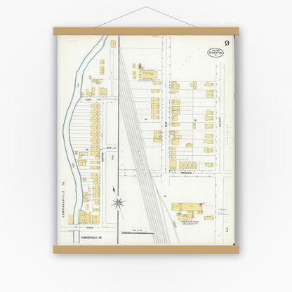 Old map wall art mockup — magnetic wood frame on white wall — Sanborn Fire Insurance Map from Kingston, Luzerne County, Pennsylvania (1903), Sheet #0009