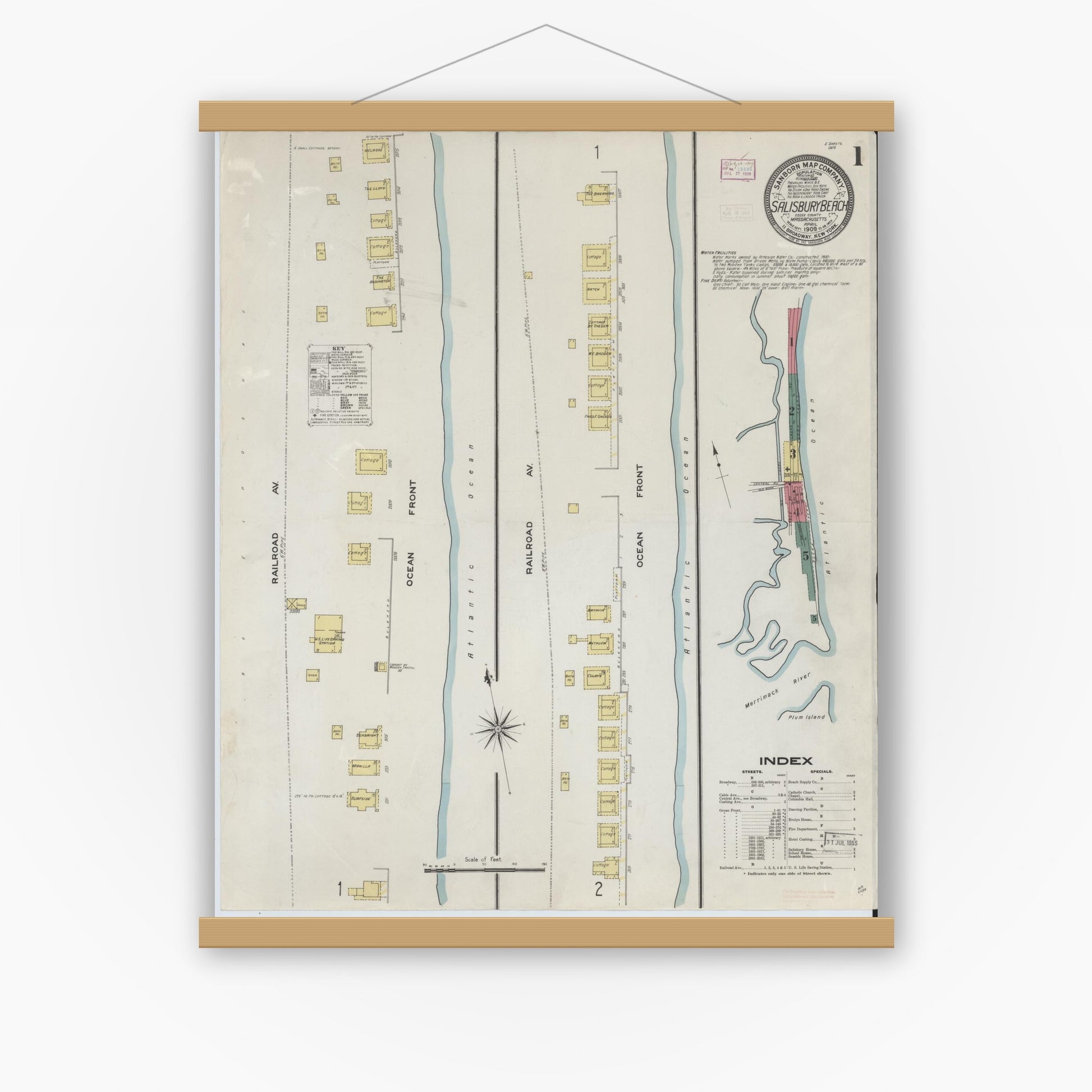 Old map wall art mockup — magnetic wood frame on white wall — Sanborn Fire Insurance Map from Salisbury, Essex County, Massachusetts (1909), Sheet #0001