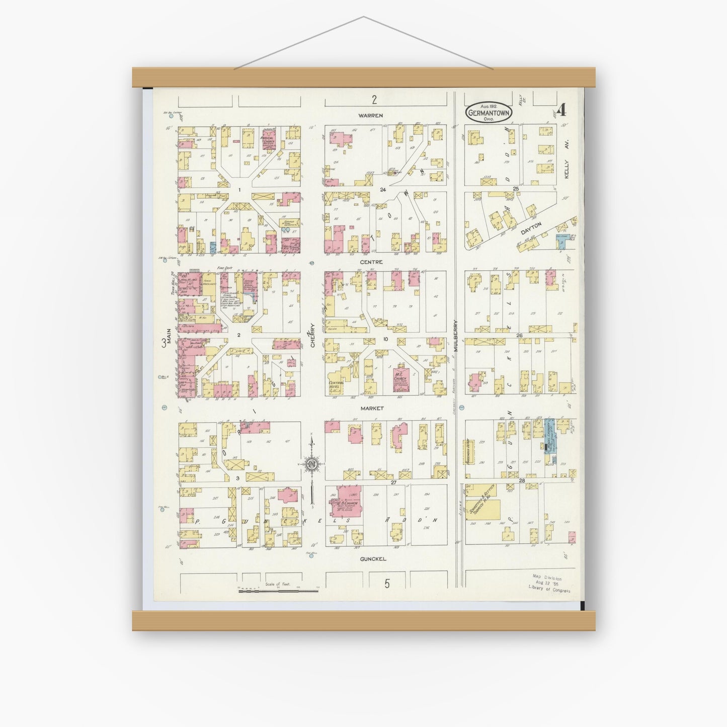 Old map wall art mockup — magnetic wood frame on white wall — Sanborn Fire Insurance Map from Germantown, Montgomery County, Ohio (1912), Sheet #0004