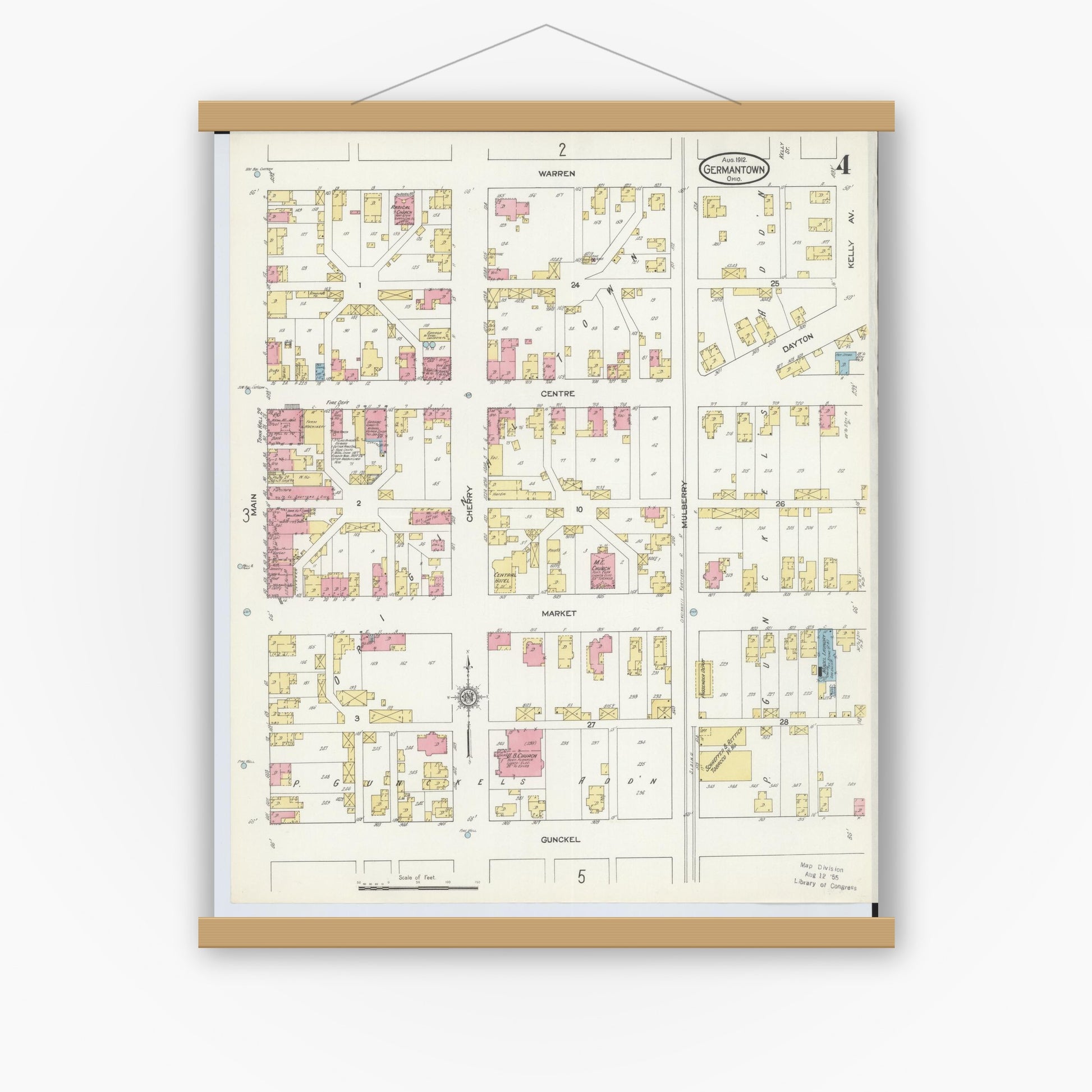 Old map wall art mockup — magnetic wood frame on white wall — Sanborn Fire Insurance Map from Germantown, Montgomery County, Ohio (1912), Sheet #0004
