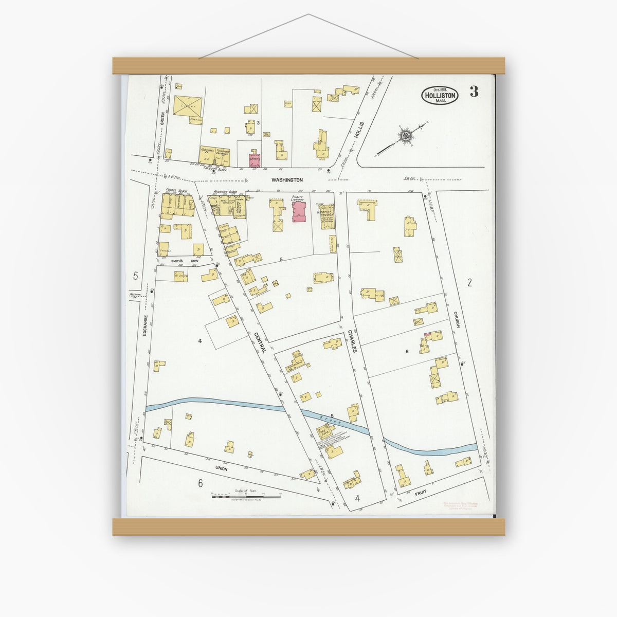 Old map wall art mockup — magnetic wood frame on white wall — Sanborn Fire Insurance Map from Holliston, Middlesex County, Massachusetts (1919), Sheet #0003