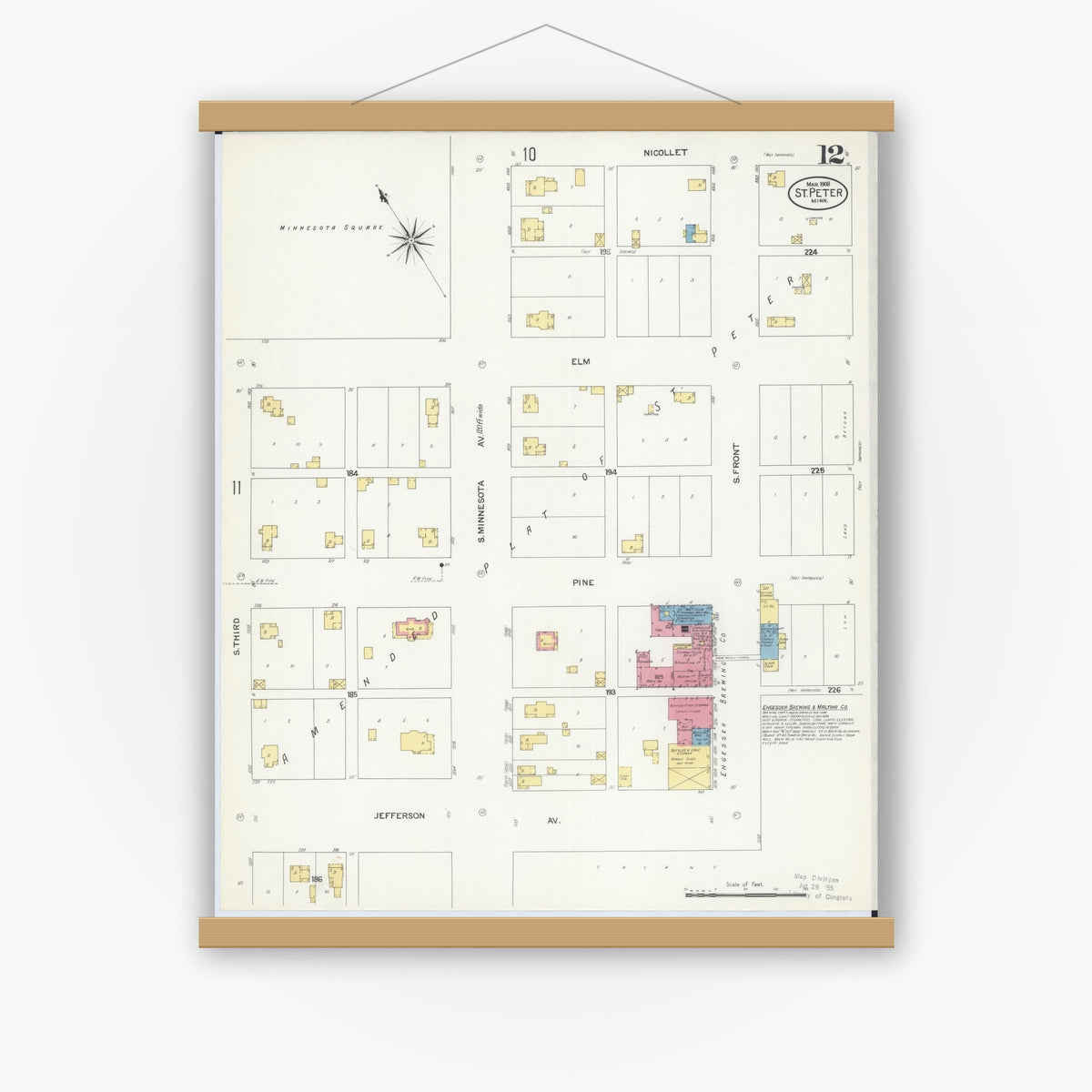 Old map wall art mockup — magnetic wood frame on white wall — Sanborn Fire Insurance Map from Saint Peter, Nicollet County, Minnesota (1908), Sheet #0012