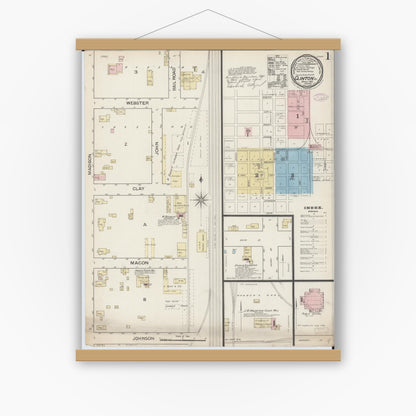 Old map wall art mockup — magnetic wood frame on white wall — Sanborn Fire Insurance Map from Clinton, De Witt County, Illinois (1887), Sheet #0001