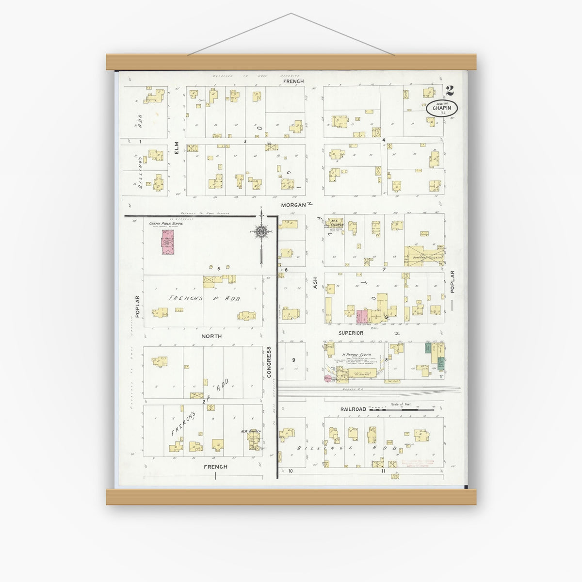 Old map wall art mockup — magnetic wood frame on white wall — Sanborn Fire Insurance Map from Chapin, Morgan County, Illinois (1910), Sheet #0002
