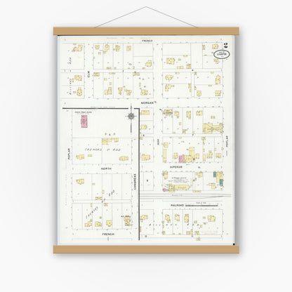 Old map wall art mockup — magnetic wood frame on white wall — Sanborn Fire Insurance Map from Chapin, Morgan County, Illinois (1910), Sheet #0002