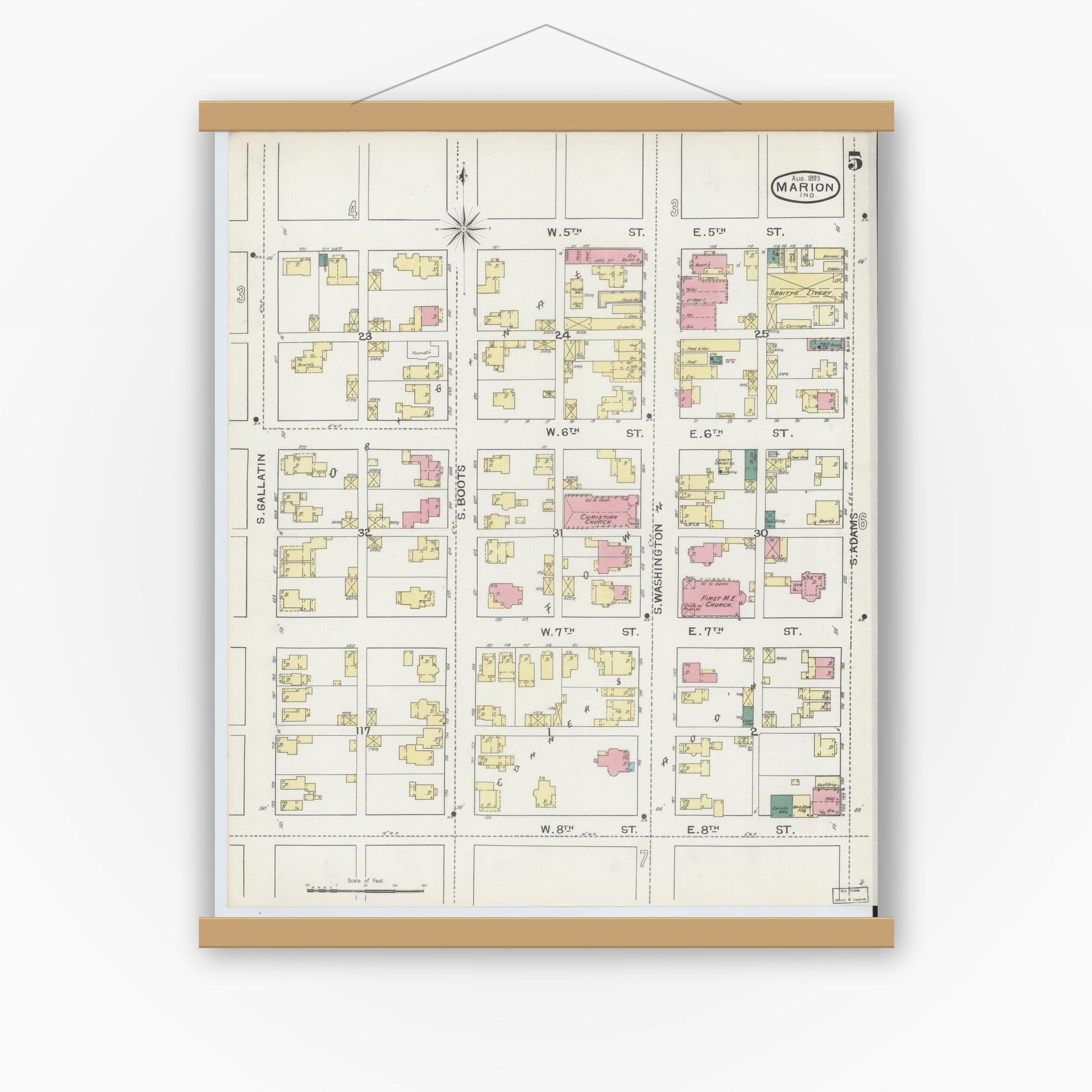 Old map wall art mockup — magnetic wood frame on white wall — Sanborn Fire Insurance Map from Marion, Grant County, Indiana (1893), Sheet #0005