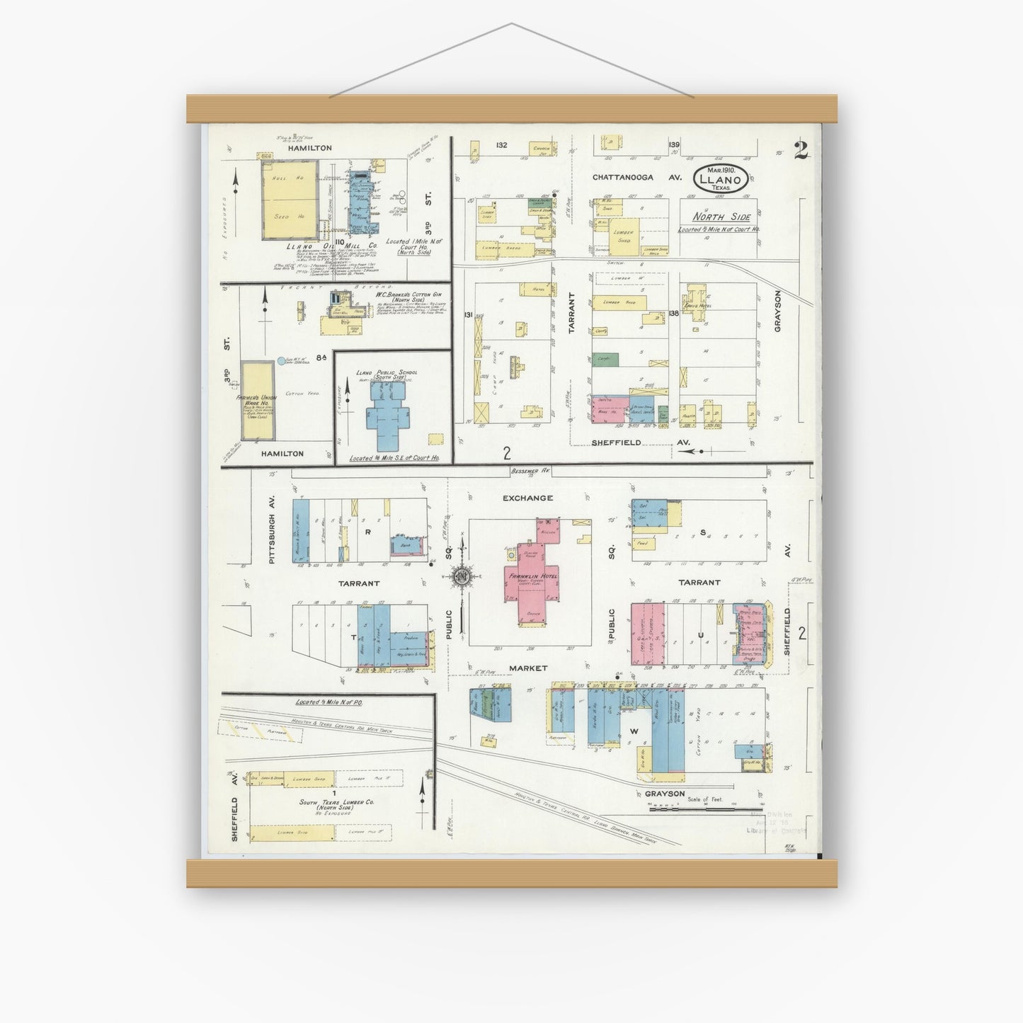 Old map wall art mockup — magnetic wood frame on white wall — Sanborn Fire Insurance Map from Llano, Llano County, Texas (1910), Sheet #0002