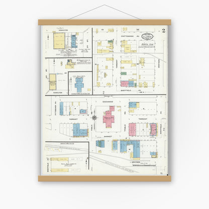 Old map wall art mockup — magnetic wood frame on white wall — Sanborn Fire Insurance Map from Llano, Llano County, Texas (1910), Sheet #0002