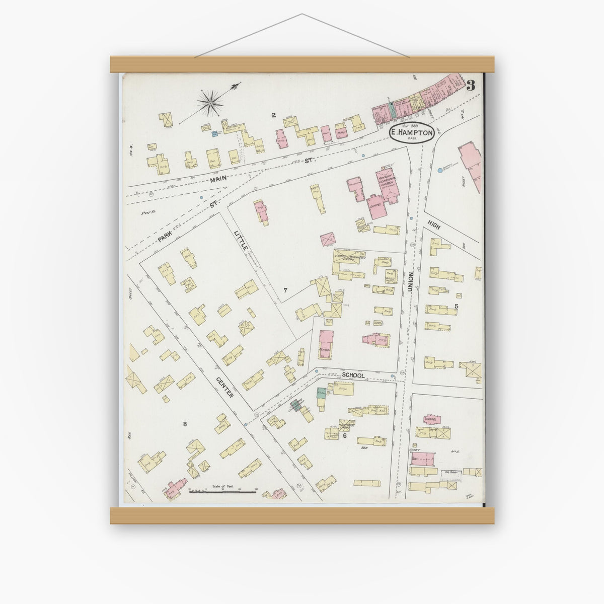 Old map wall art mockup — magnetic wood frame on white wall — Sanborn Fire Insurance Map from East Hampton, Hampshire County, Massachusetts (1889), Sheet #0003
