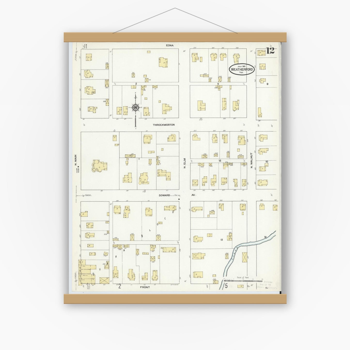 Old map wall art mockup — magnetic wood frame on white wall — Sanborn Fire Insurance Map from Weatherford, Parker County, Texas (1910), Sheet #0012