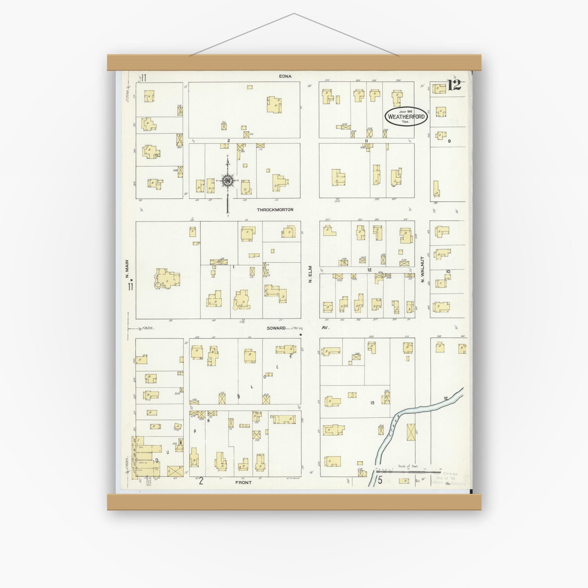 Old map wall art mockup — magnetic wood frame on white wall — Sanborn Fire Insurance Map from Weatherford, Parker County, Texas (1910), Sheet #0012