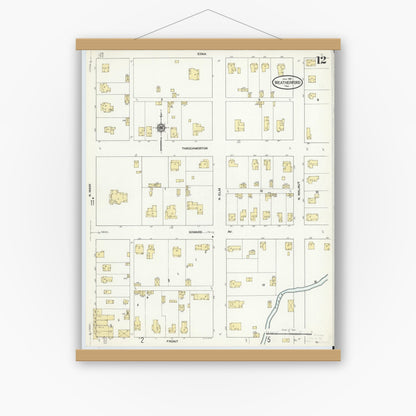 Old map wall art mockup — magnetic wood frame on white wall — Sanborn Fire Insurance Map from Weatherford, Parker County, Texas (1910), Sheet #0012