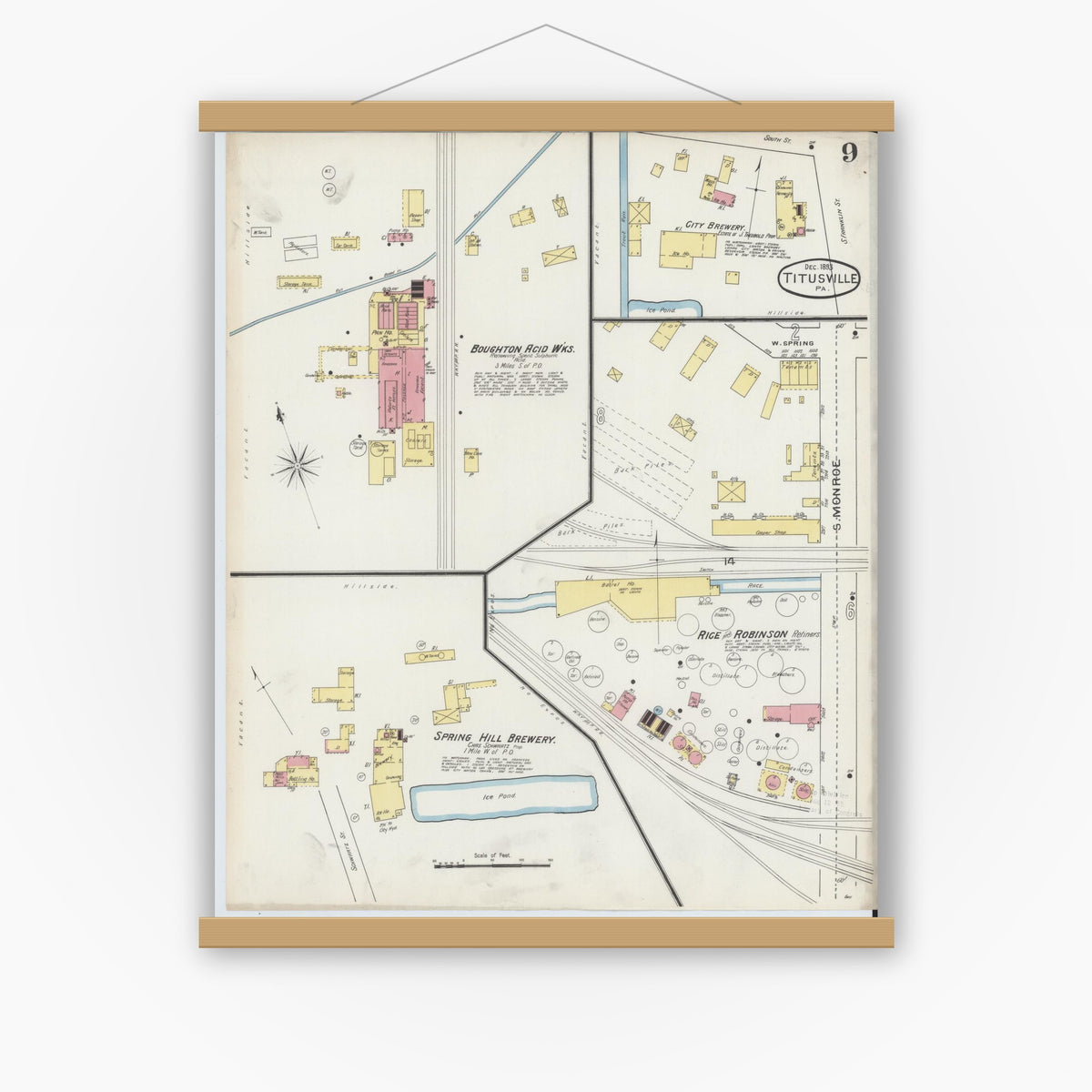 Old map wall art mockup — magnetic wood frame on white wall — Sanborn Fire Insurance Map from Titusville, Crawford County, Pennsylvania (1893), Sheet #0009