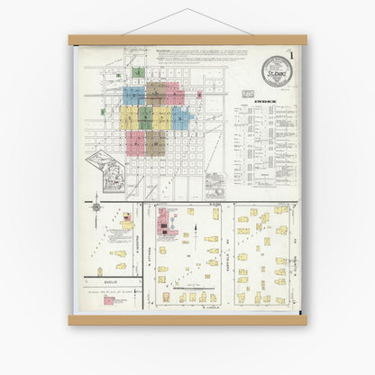 Old map wall art mockup — magnetic wood frame on white wall — Sanborn Fire Insurance Map from Saint Johns, Clinton County, Michigan (1918) - Complete Map Set