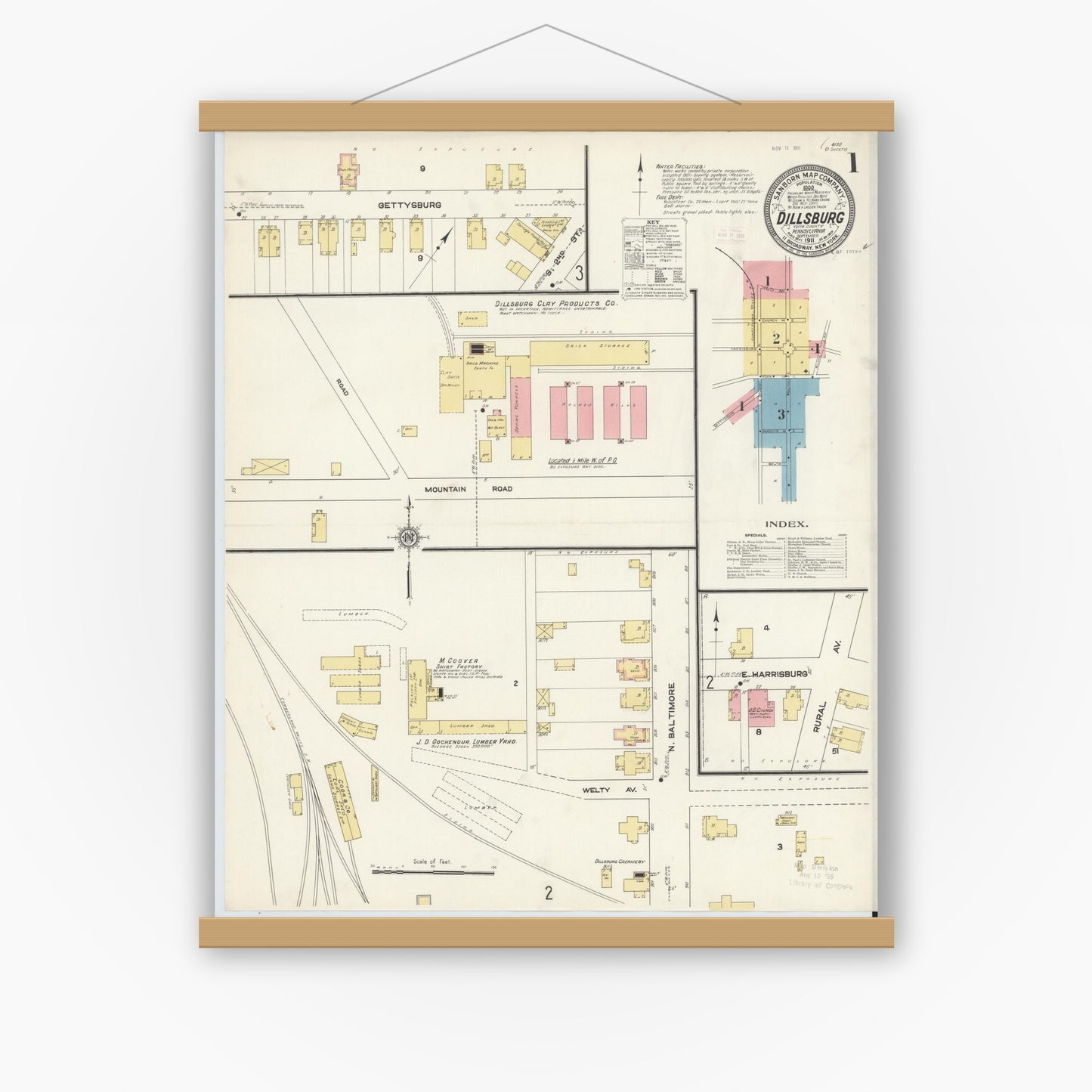 Old map wall art mockup — magnetic wood frame on white wall — Sanborn Fire Insurance Map from Dillsburg, York County, Pennsylvania (1911), Sheet #0001