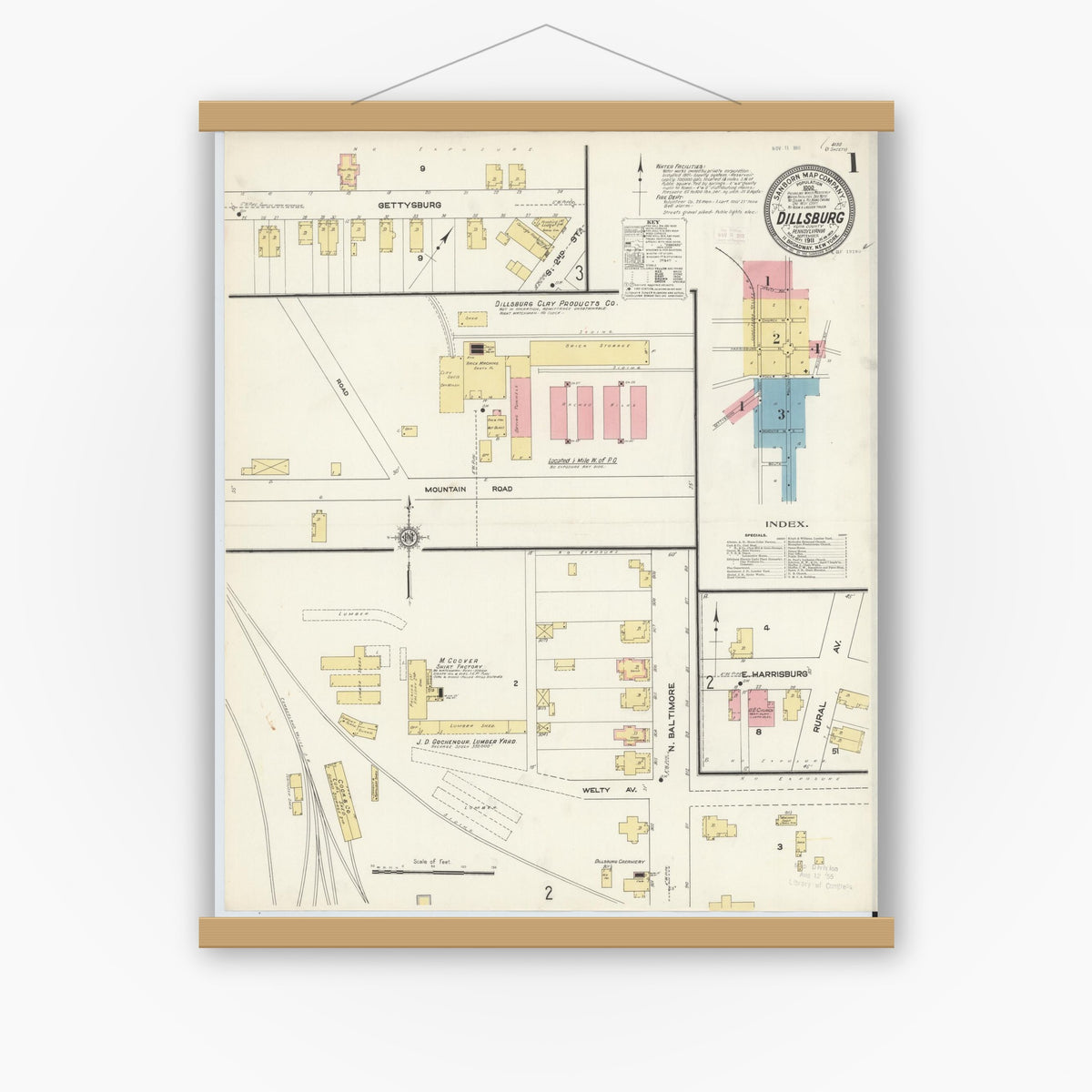 Old map wall art mockup — magnetic wood frame on white wall — Sanborn Fire Insurance Map from Dillsburg, York County, Pennsylvania (1911), Sheet #0001