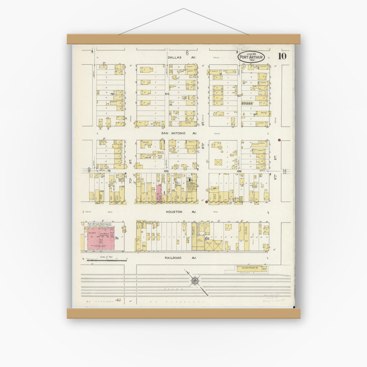 Old map wall art mockup — magnetic wood frame on white wall — Sanborn Fire Insurance Map from Port Arthur, Jefferson County, Texas (1915), Sheet #0010