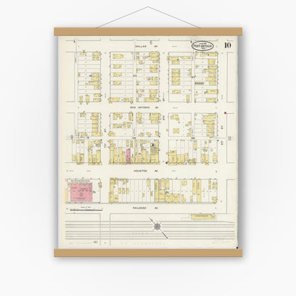 Old map wall art mockup — magnetic wood frame on white wall — Sanborn Fire Insurance Map from Port Arthur, Jefferson County, Texas (1915), Sheet #0010