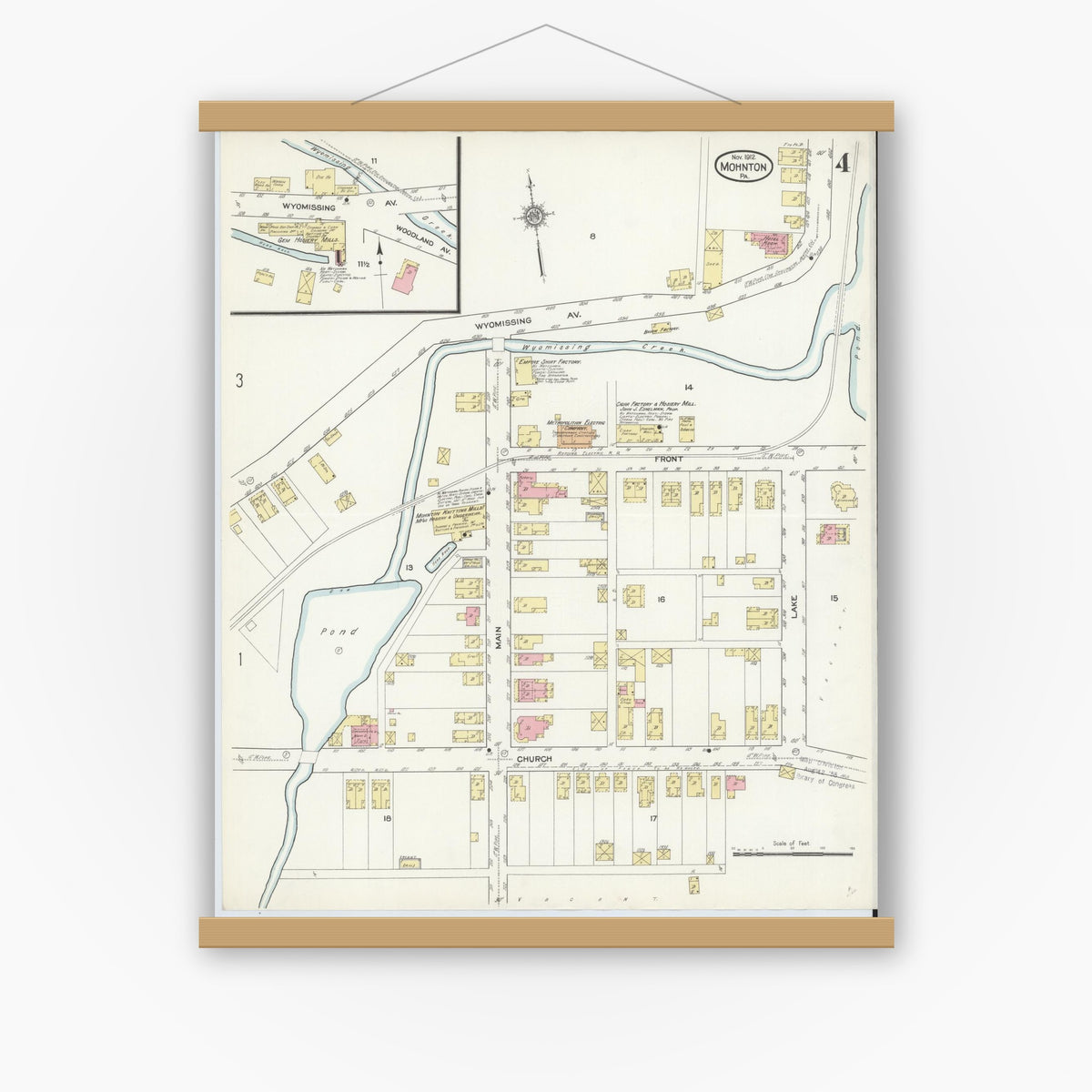 Old map wall art mockup — magnetic wood frame on white wall — Sanborn Fire Insurance Map from Mohnton, Berks County, Pennsylvania (1912), Sheet #0004