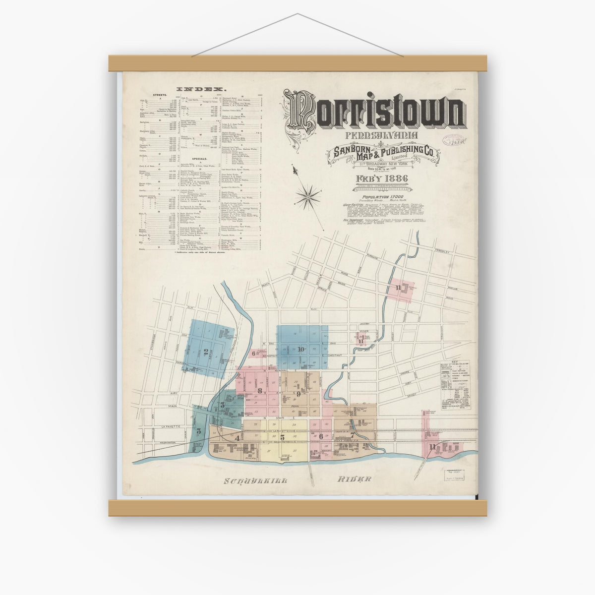 Old map wall art mockup — magnetic wood frame on white wall — Sanborn Fire Insurance Map from Norristown, Montgomery County, Pennsylvania (1886) - Complete Map Set