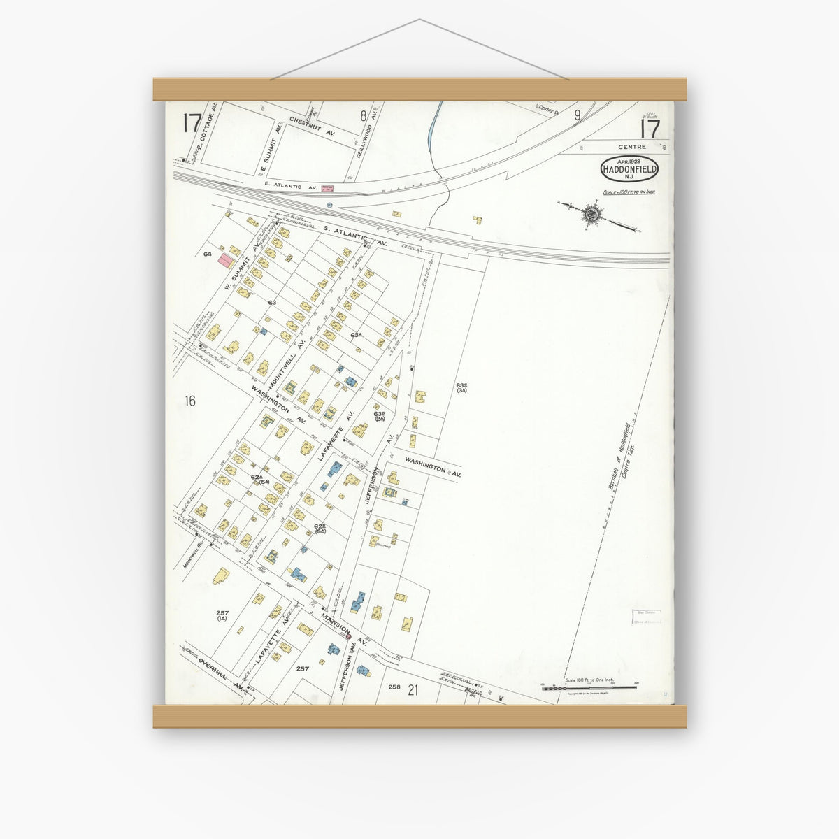 Old map wall art mockup — magnetic wood frame on white wall — Sanborn Fire Insurance Map from Haddonfield, Camden County, New Jersey (1923), Sheet #0017